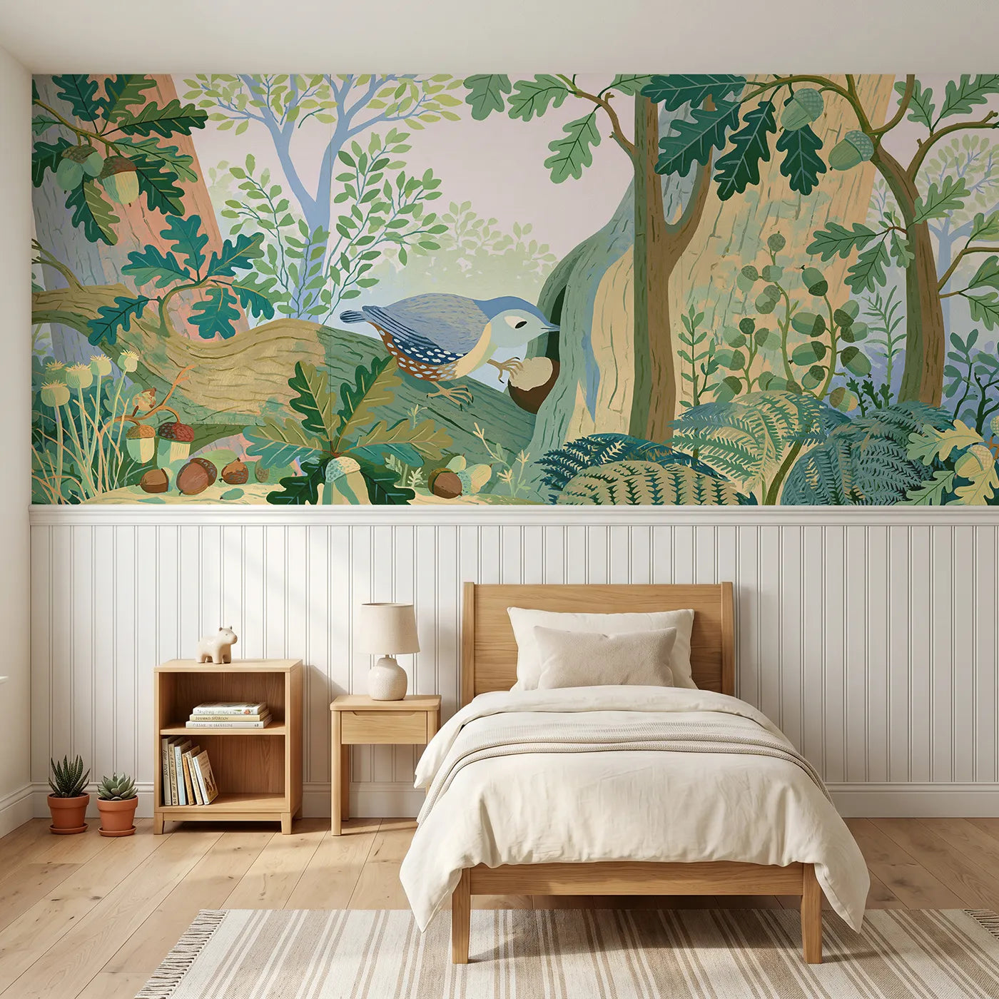 Modern illustration wainscoting wallpaper of wedging the nut by Whimsy Tots