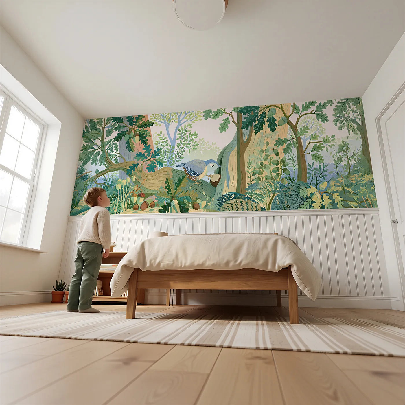 Child reading near Wedging The Nut Wainscoting Wallpaper by Whimsy Tots