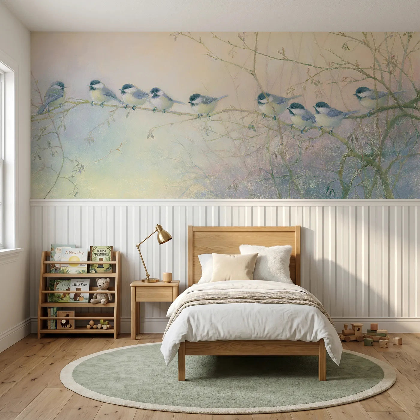 Soft pastel wainscoting wallpaper of a tit flock through the hazel by Whimsy Tots