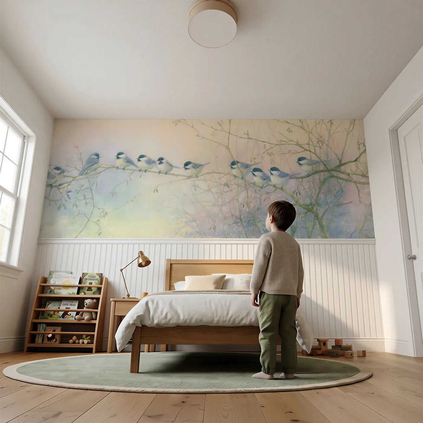Child reading near Tit Flock Through The Hazel Wainscoting Wallpaper by Whimsy Tots