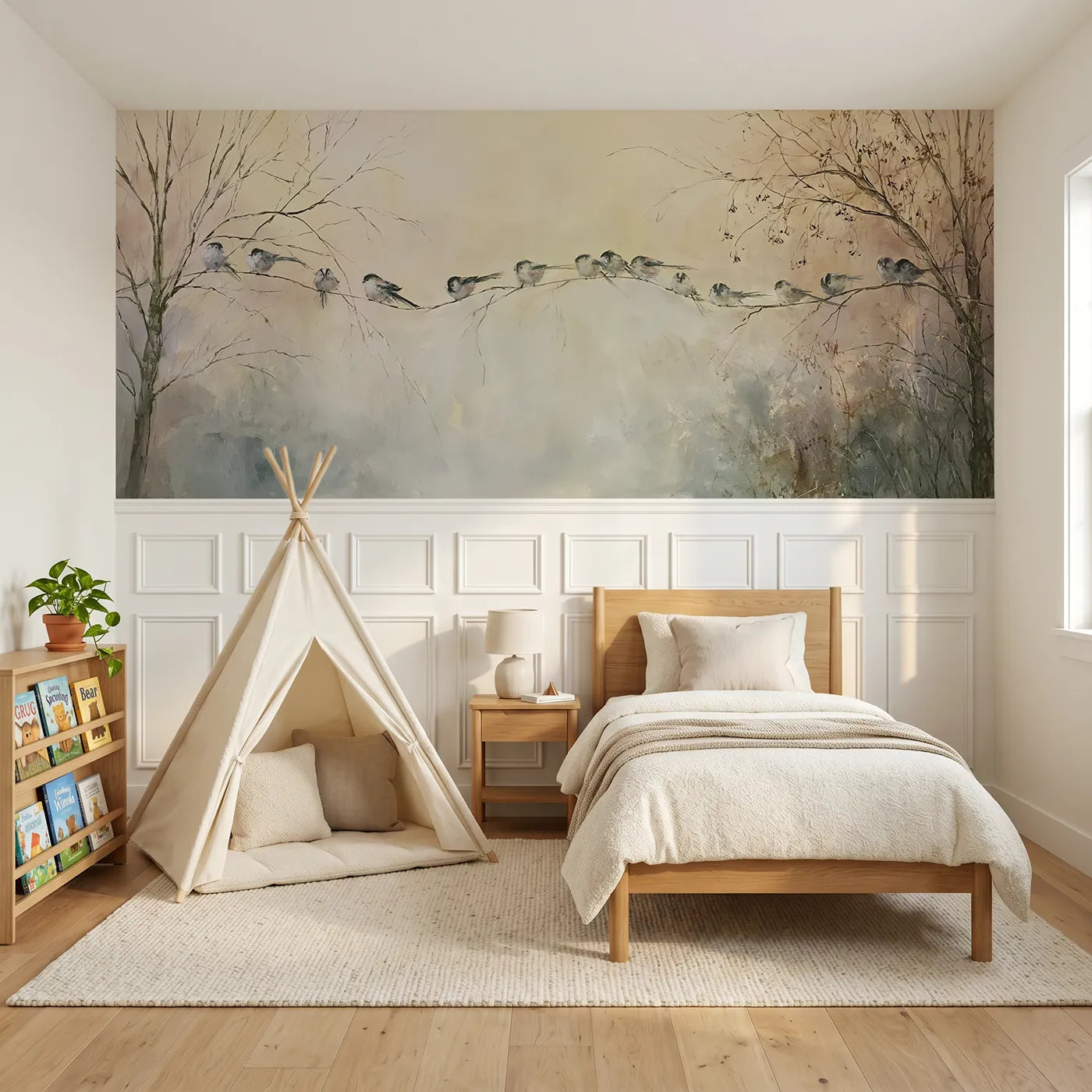 Watercolor wainscoting wallpaper of long tailed tits crossing by Whimsy Tots