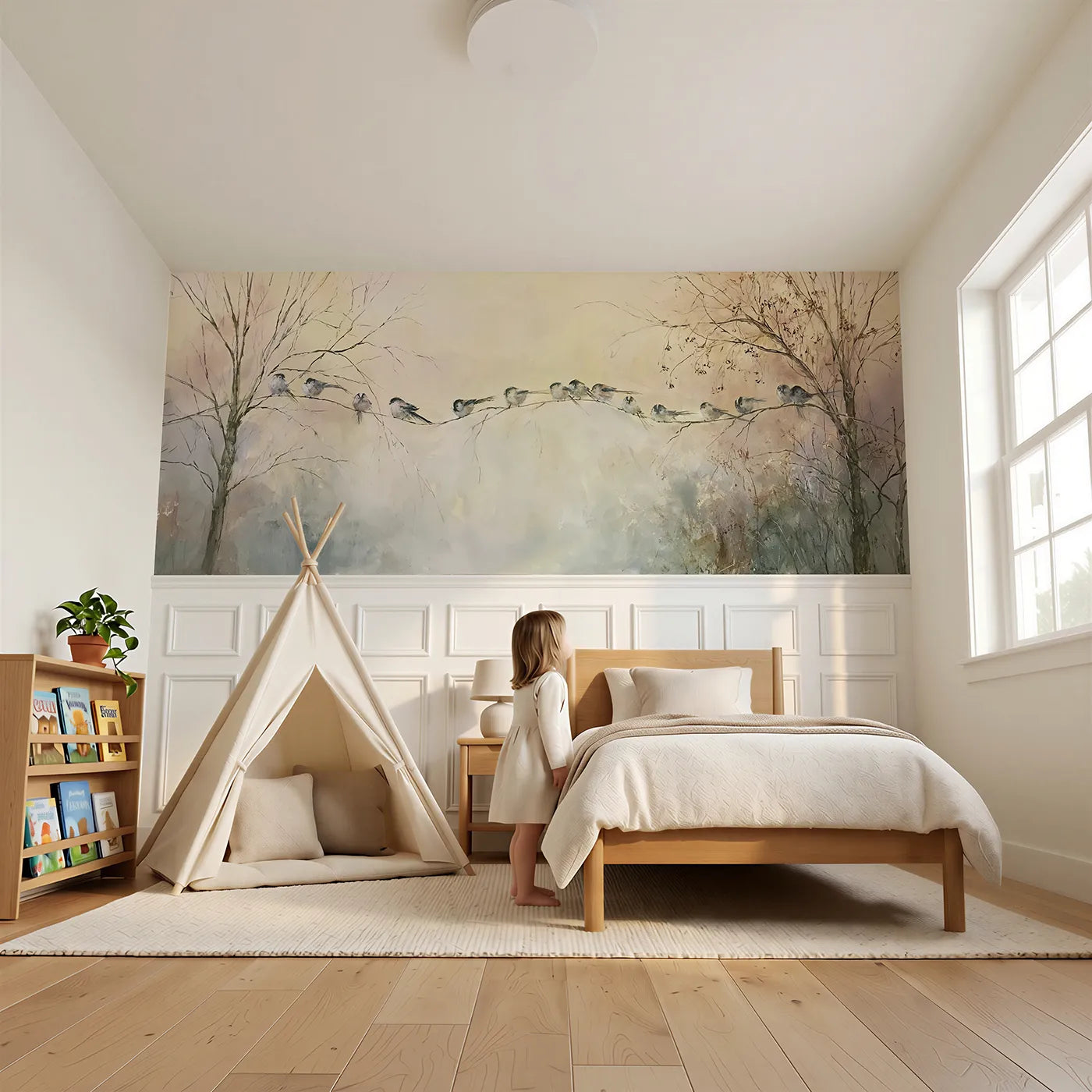 Child reading near Long Tailed Tits Crossing Wainscoting Wallpaper by Whimsy Tots