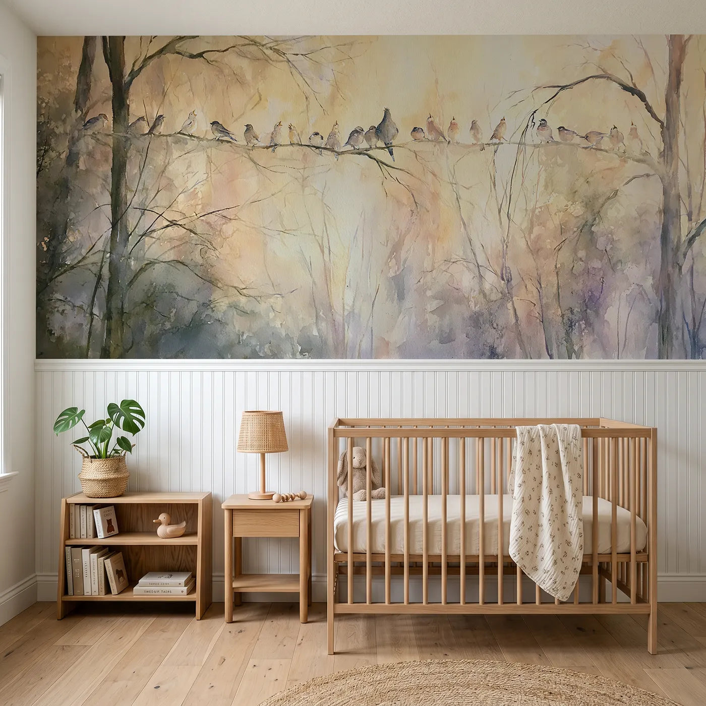 Watercolor wainscoting wallpaper of the dawn chorus by Whimsy Tots
