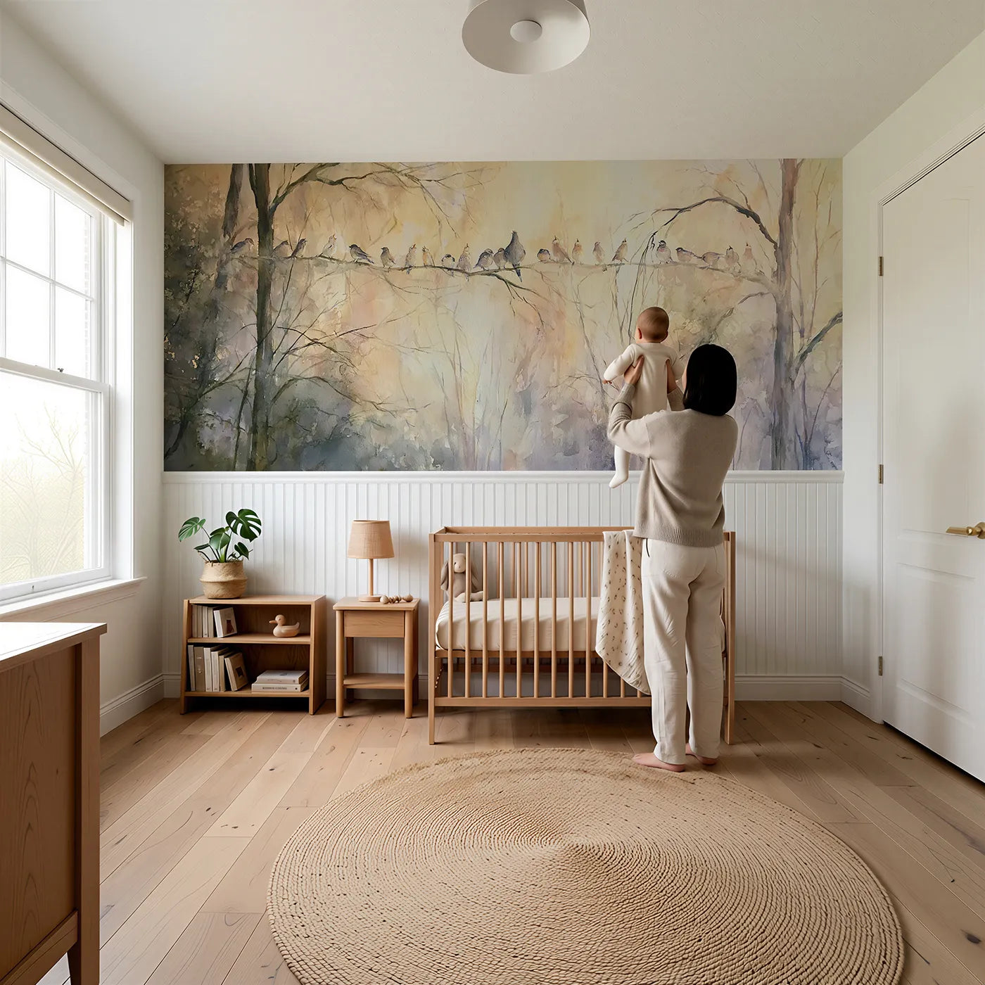 Child reading near The Dawn Chorus Wainscoting Wallpaper by Whimsy Tots
