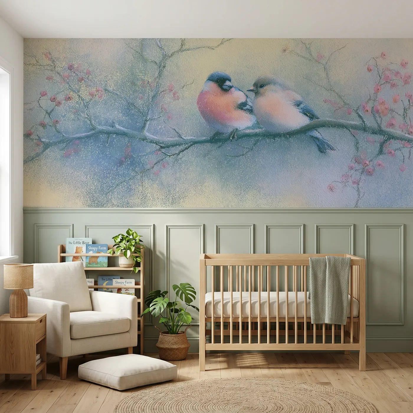 Soft pastel wainscoting wallpaper of a bullfinch pair on blackthorn by Whimsy Tots
