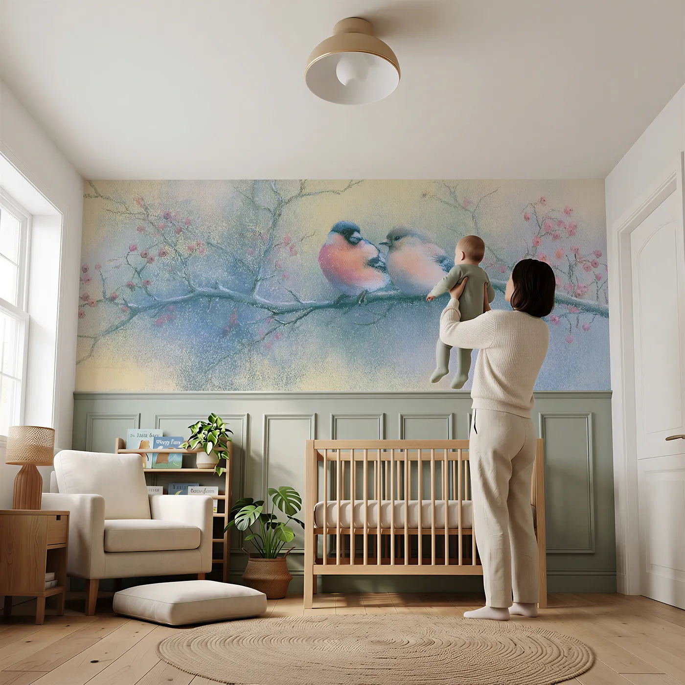 Child reading near Bullfinch Pair On Blackthorn Wainscoting Wallpaper by Whimsy Tots