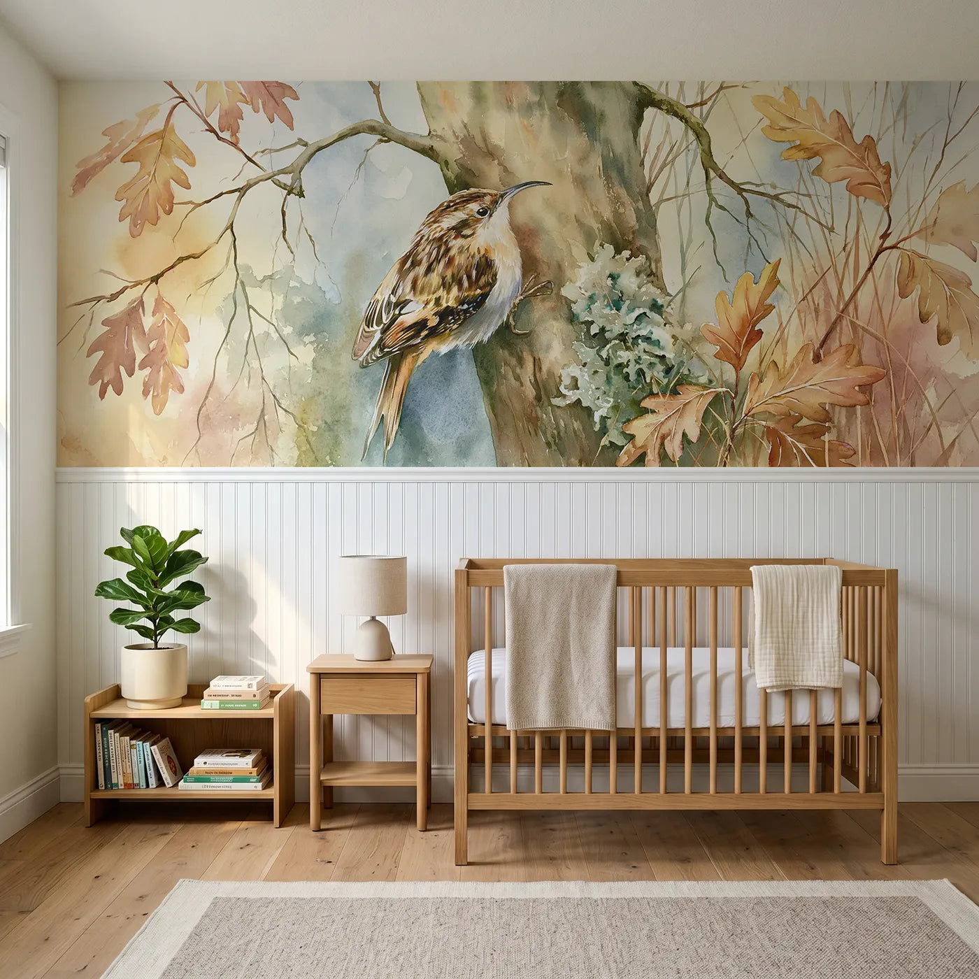 Watercolor wainscoting wallpaper of a treecreeper up the trunk by Whimsy Tots