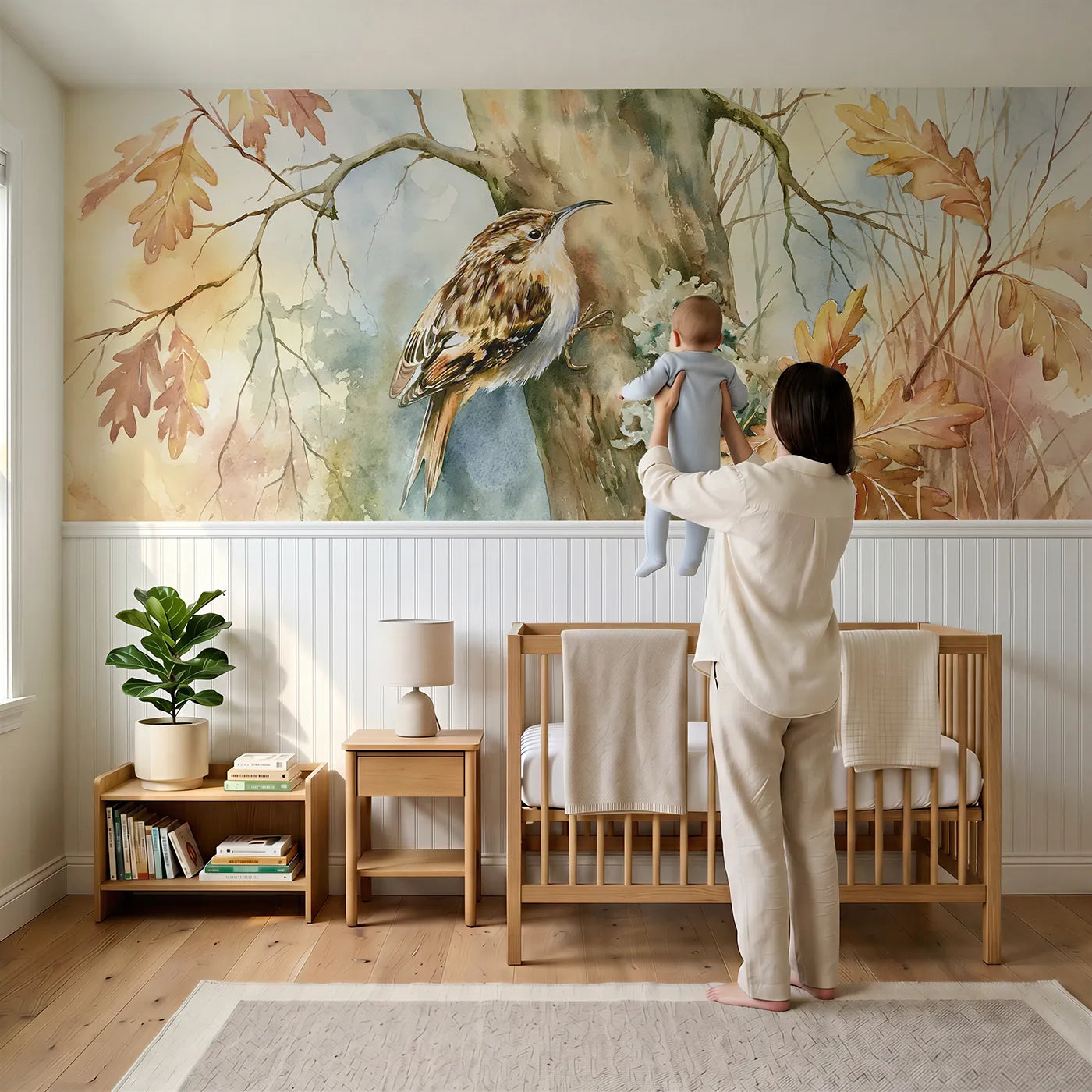 Child reading near Treecreeper Up The Trunk Wainscoting Wallpaper by Whimsy Tots