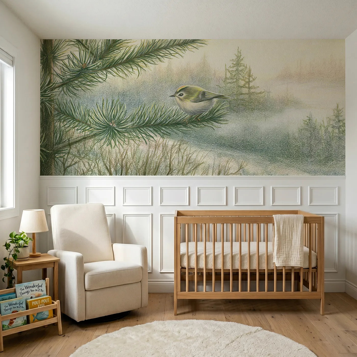 Colored pencil wainscoting wallpaper of a goldcrest in the fir by Whimsy Tots