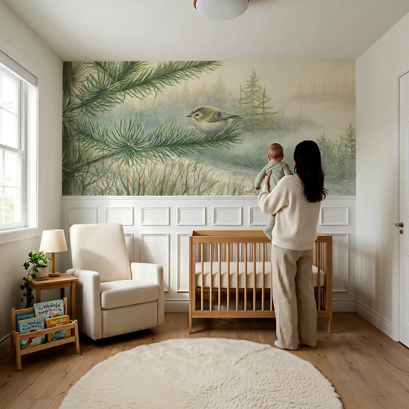 Child reading near Goldcrest In The Fir Wainscoting Wallpaper by Whimsy Tots
