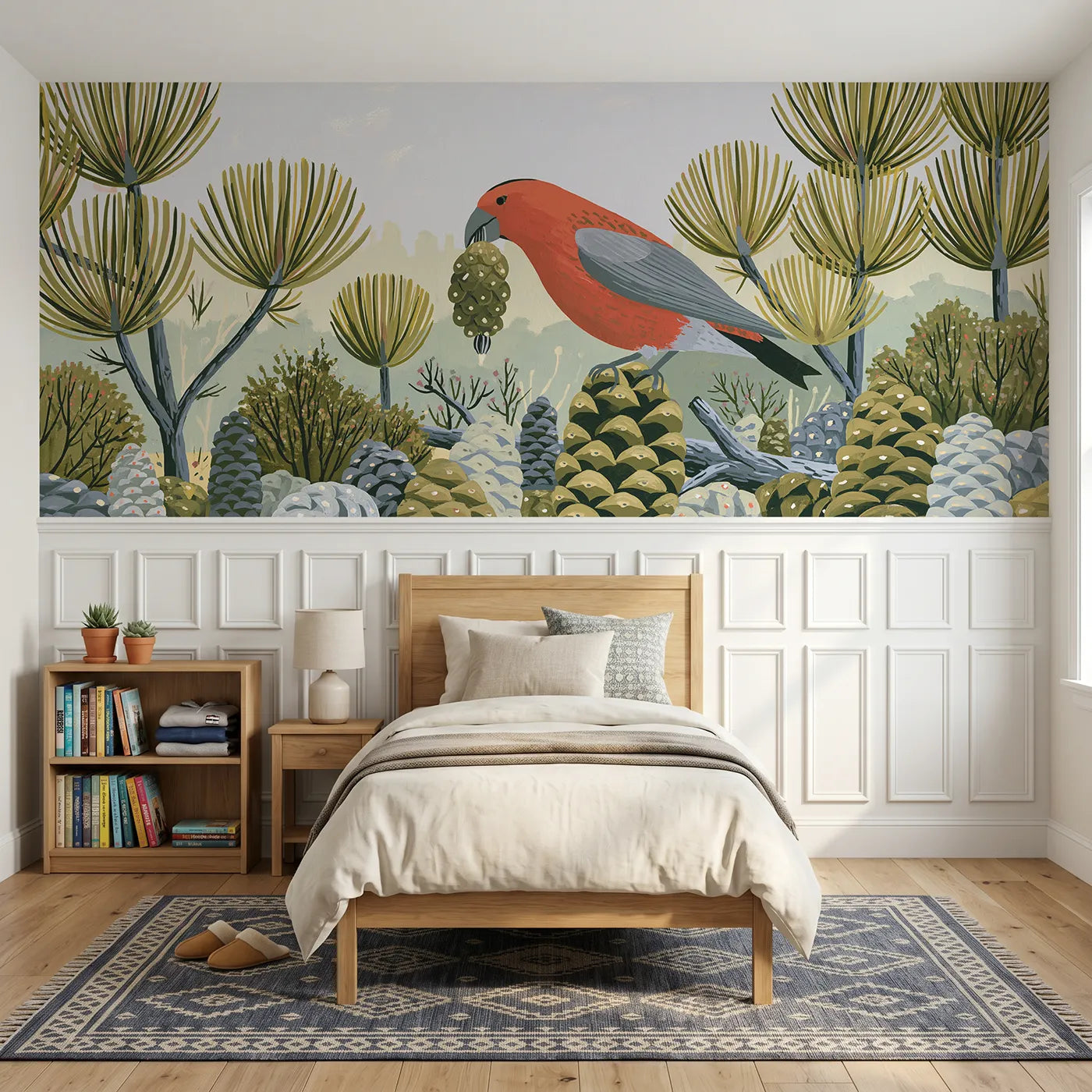 Modern illustration wainscoting wallpaper of a crossbill and pine cone by Whimsy Tots