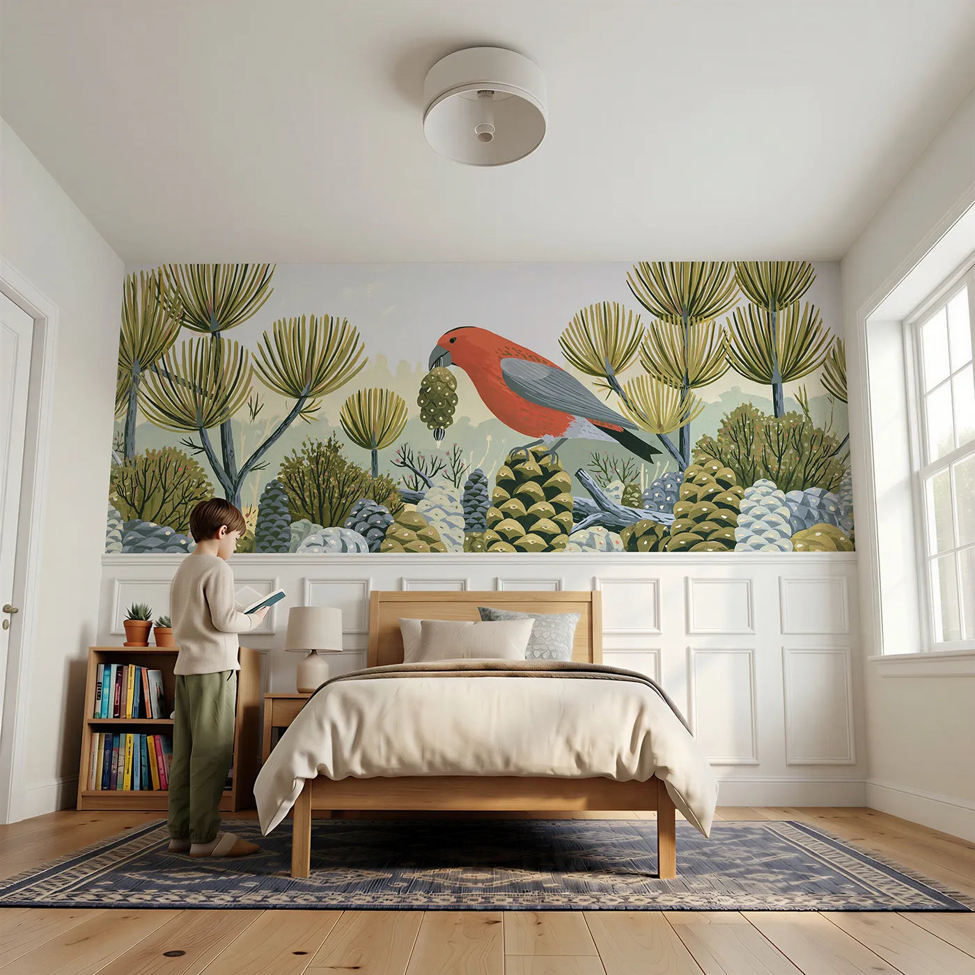 Child reading near Crossbill And The Pine Cone Wainscoting Wallpaper by Whimsy Tots