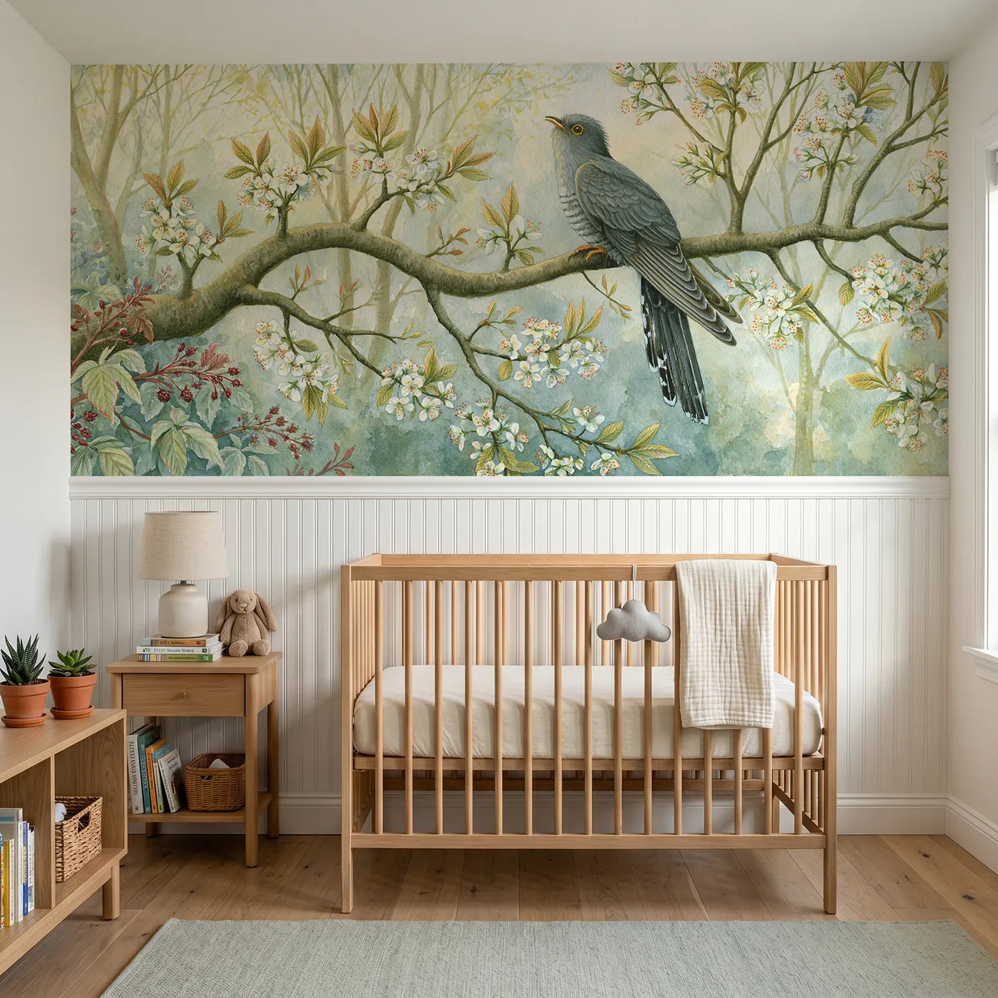 Storybook wainscoting wallpaper of two notes from the bough by Whimsy Tots