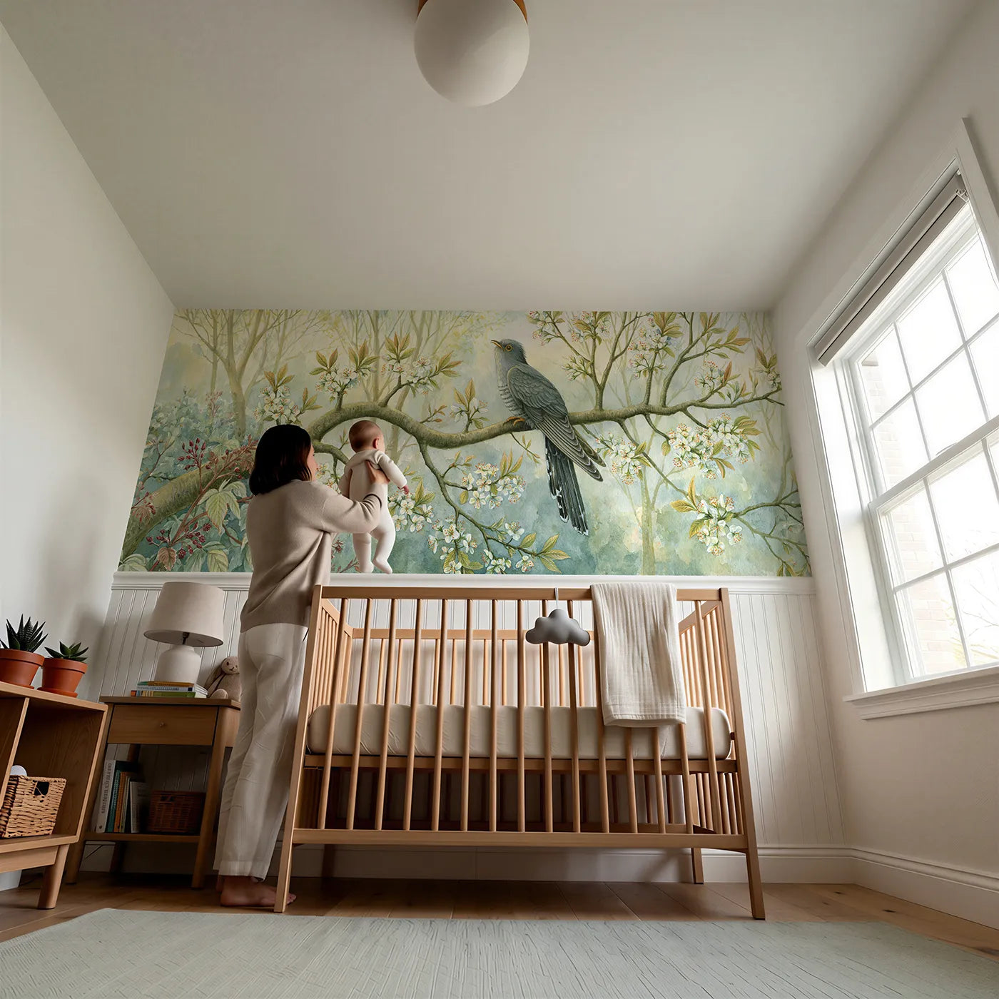 Child reading near Two Notes From The Bough Wainscoting Wallpaper by Whimsy Tots