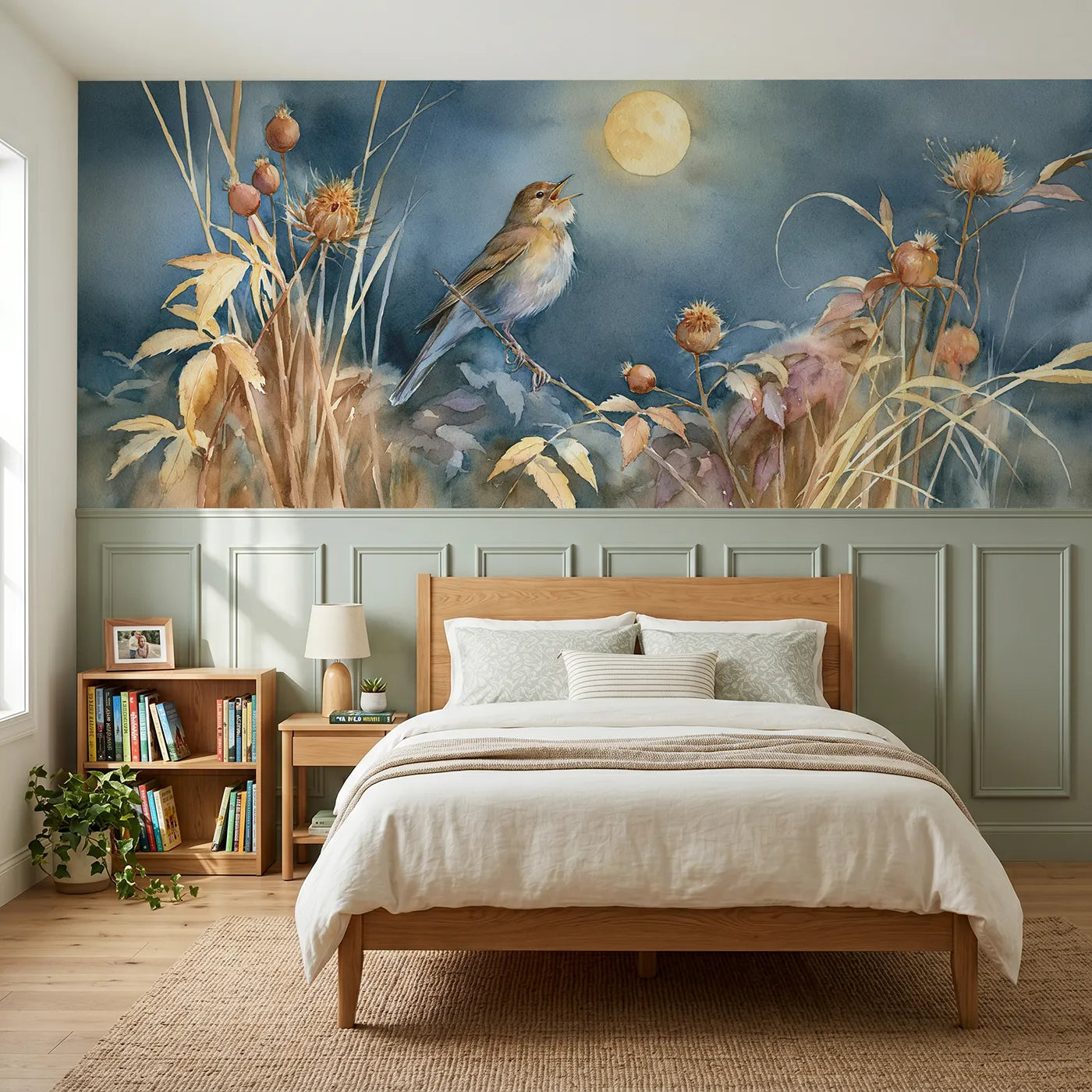 Watercolor wainscoting wallpaper of a nightingale in the dark by Whimsy Tots