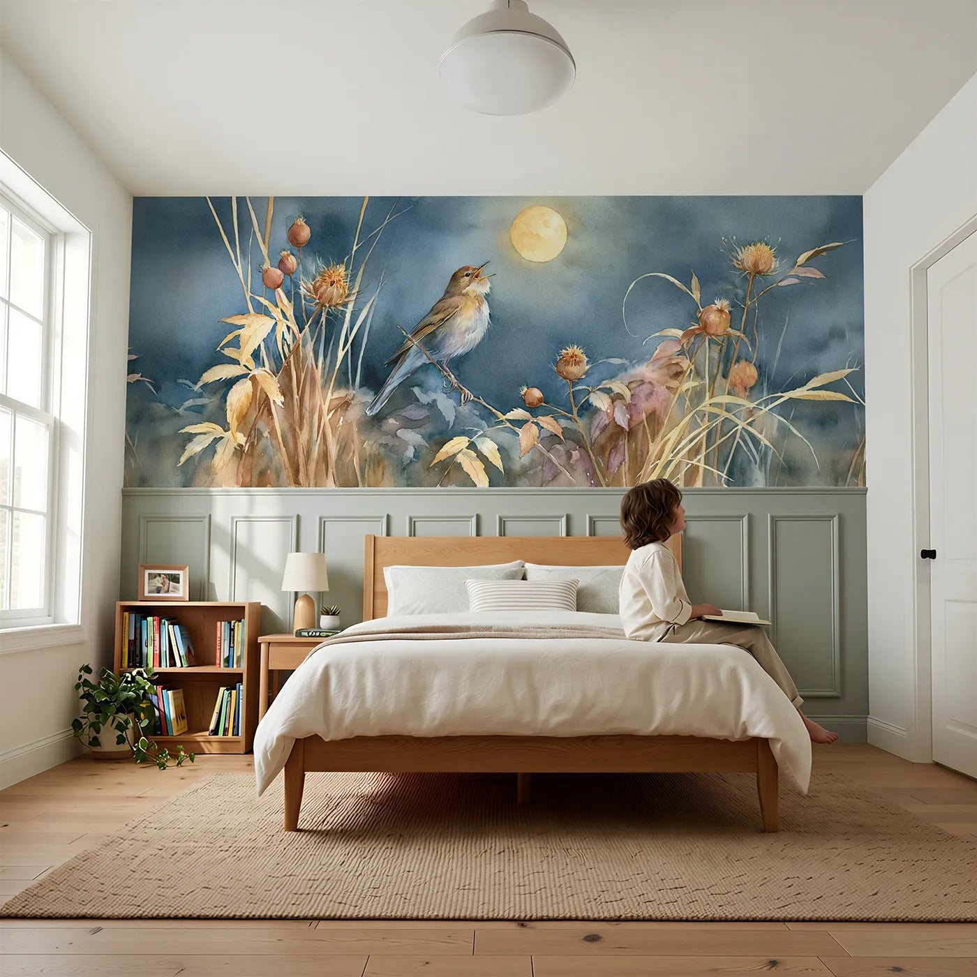 Child reading near Nightingale In The Dark Wainscoting Wallpaper by Whimsy Tots