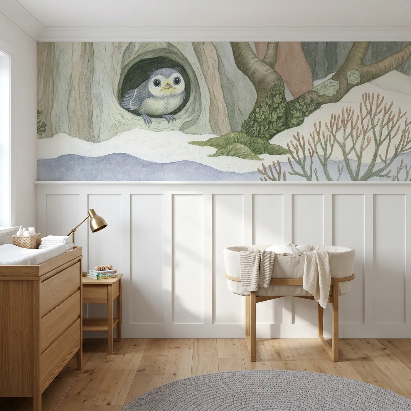 Colored pencil wainscoting wallpaper of a fledgling at the hole edge by Whimsy Tots