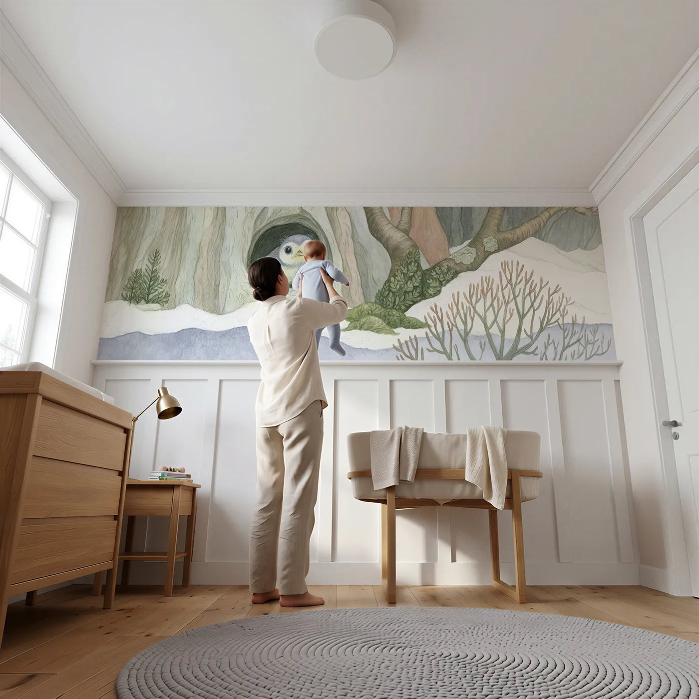 Child reading near Fledgling At The Hole Edge Wainscoting Wallpaper by Whimsy Tots