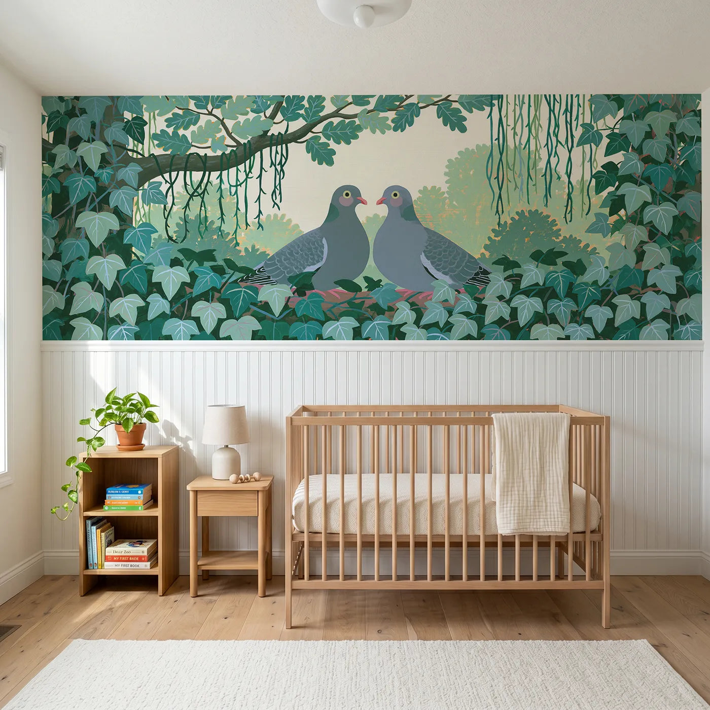 Modern illustration wainscoting wallpaper of wood pigeons in the ivy by Whimsy Tots