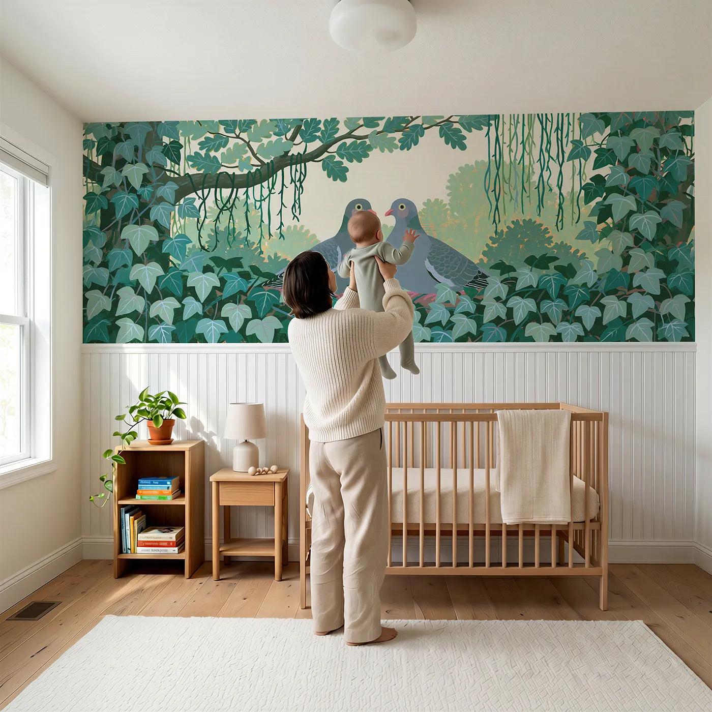 Child reading near Wood Pigeons In The Ivy Wainscoting Wallpaper by Whimsy Tots