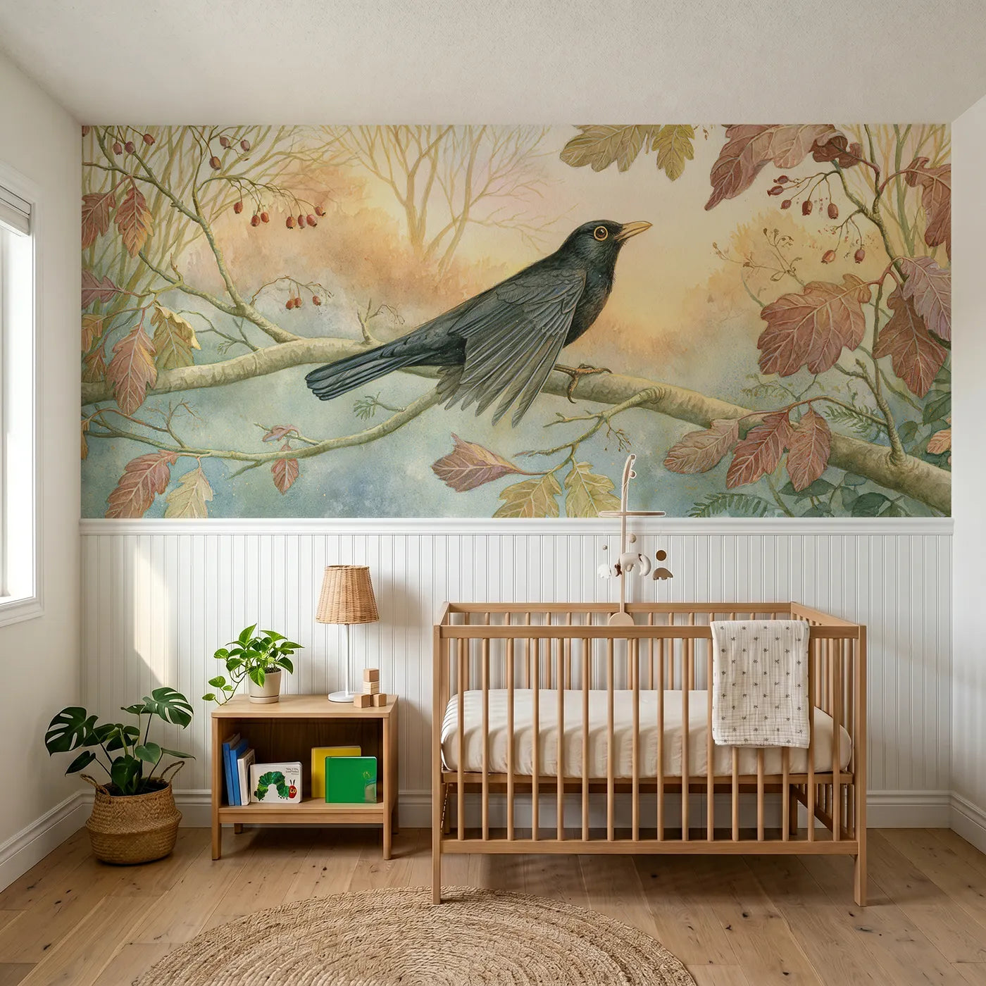 Storybook wainscoting wallpaper of a blackbird in the leaves by Whimsy Tots