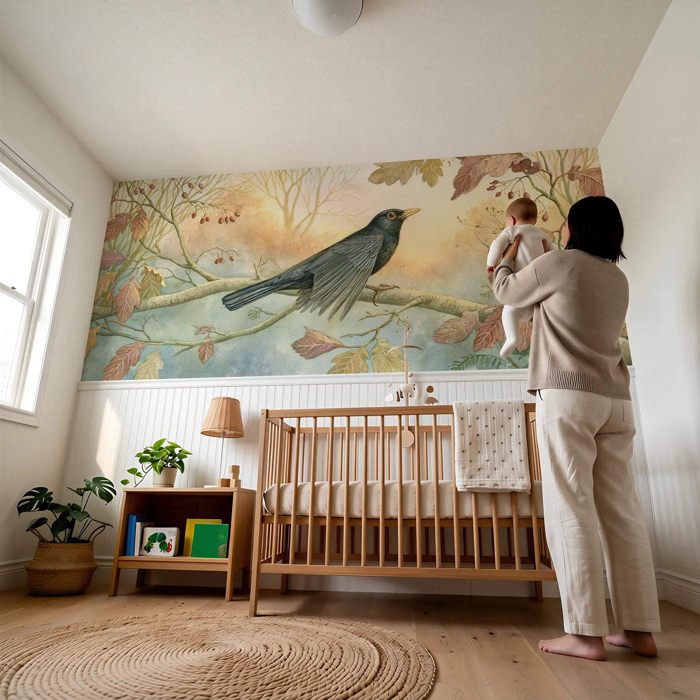 Child reading near Blackbird In The Leaves Wainscoting Wallpaper by Whimsy Tots