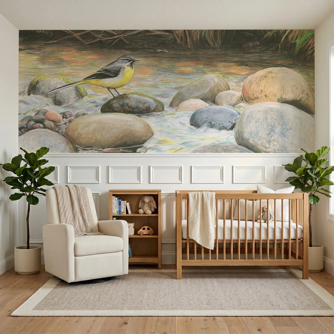 Colored pencil wainscoting wallpaper of a gray wagtail on the stones by Whimsy Tots