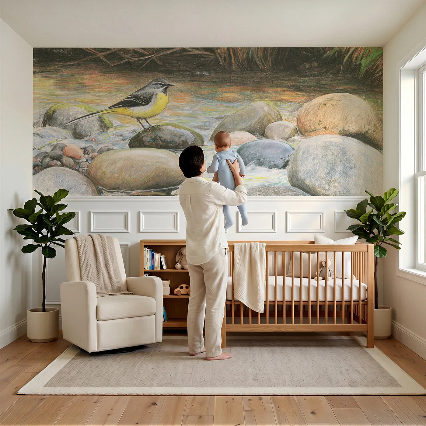 Child reading near Grey Wagtail On The Stones Wainscoting Wallpaper by Whimsy Tots