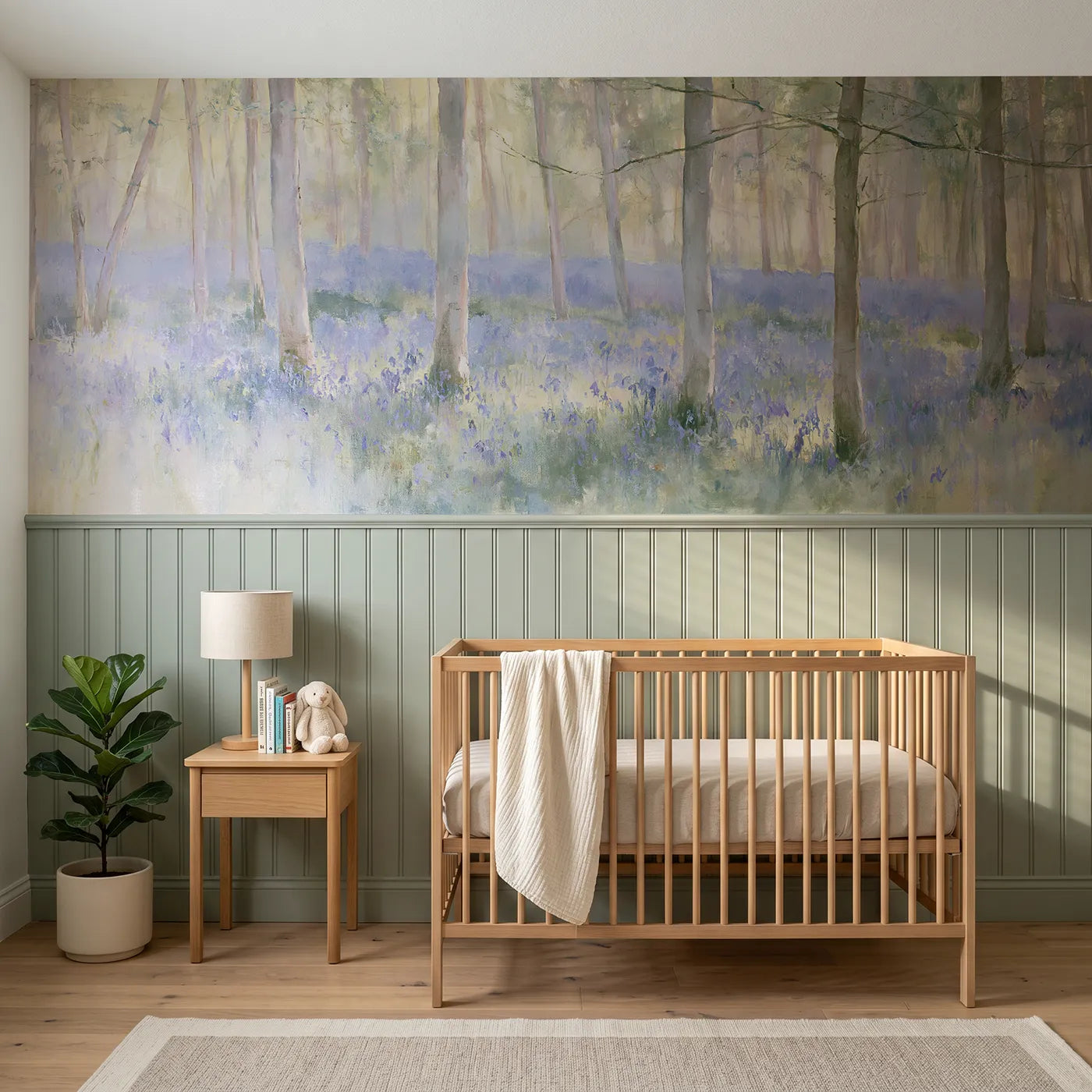 Watercolor wainscoting mural of the bluebell glade at dawn by Whimsy Tots
