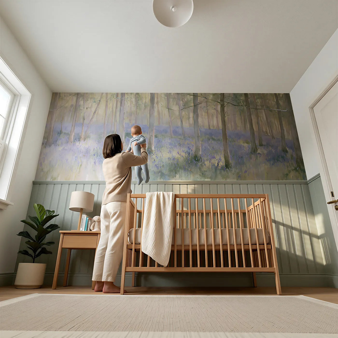Child reading near The Bluebell Glade At Dawn Wainscoting Wallpaper by Whimsy Tots