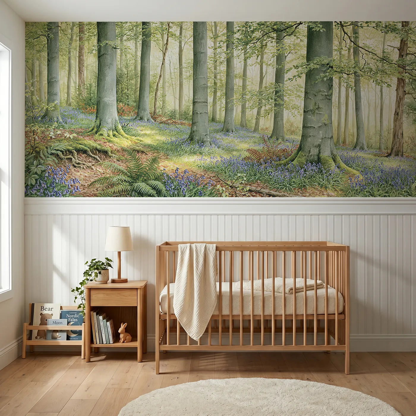 Storybook wainscoting wallpaper of light in the beech hall by Whimsy Tots