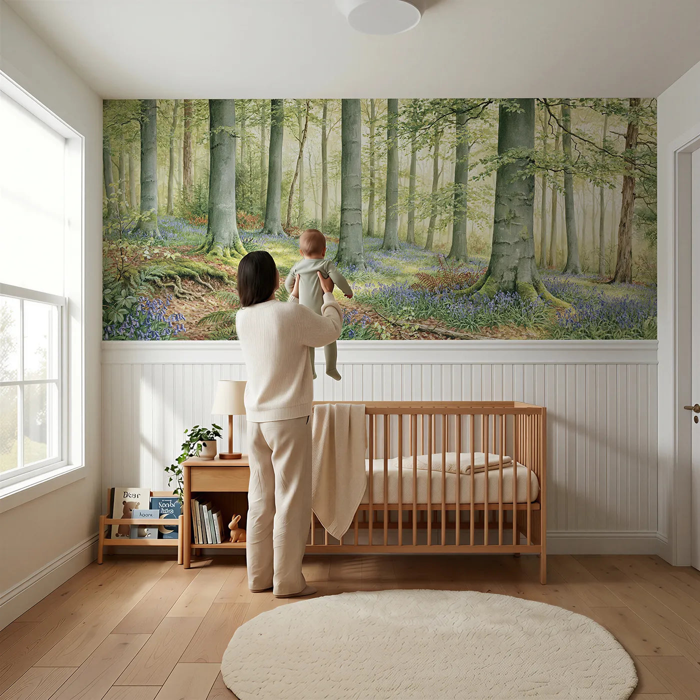 Child reading near Light In The Beech Hall Wainscoting Wallpaper by Whimsy Tots