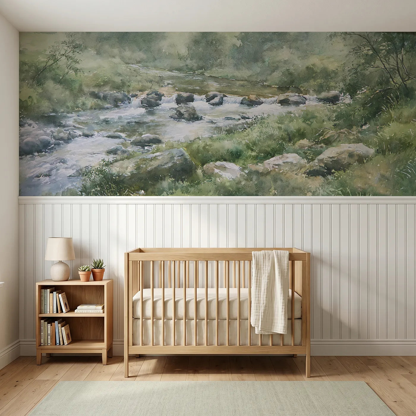 Watercolor wainscoting wallpaper of the stream pools descending by Whimsy Tots