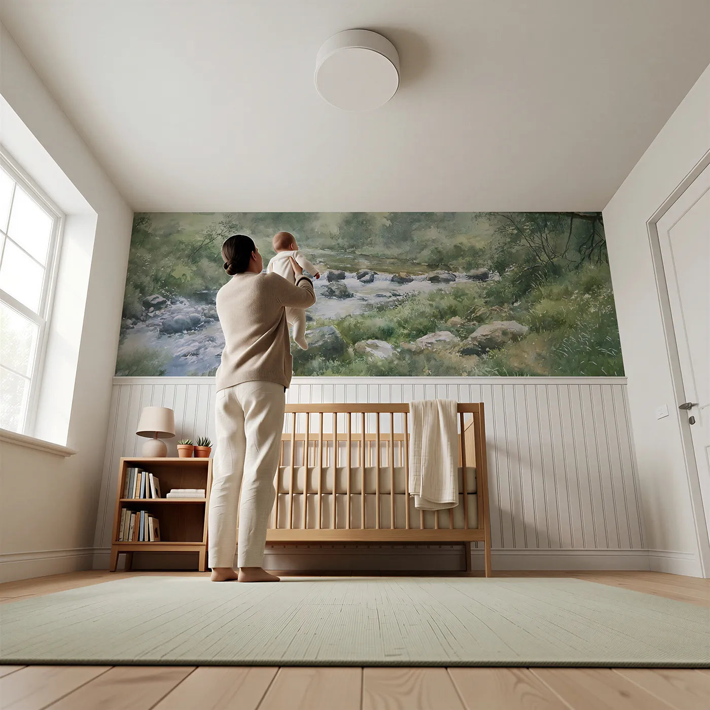 Child reading near The Stream Pools Descending Wainscoting Wallpaper by Whimsy Tots