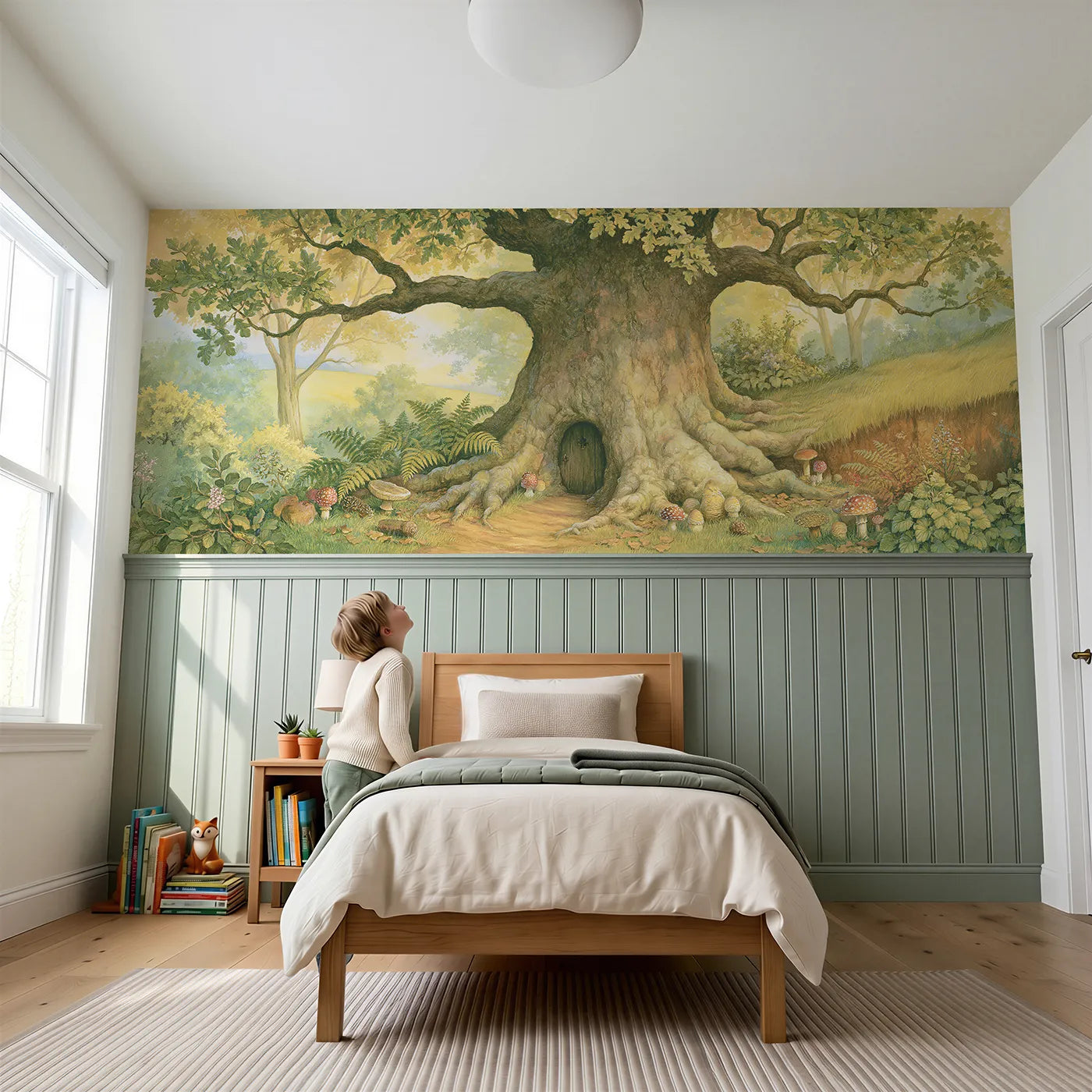 Child reading near The Old Hollow Oak Wainscoting Wallpaper by Whimsy Tots