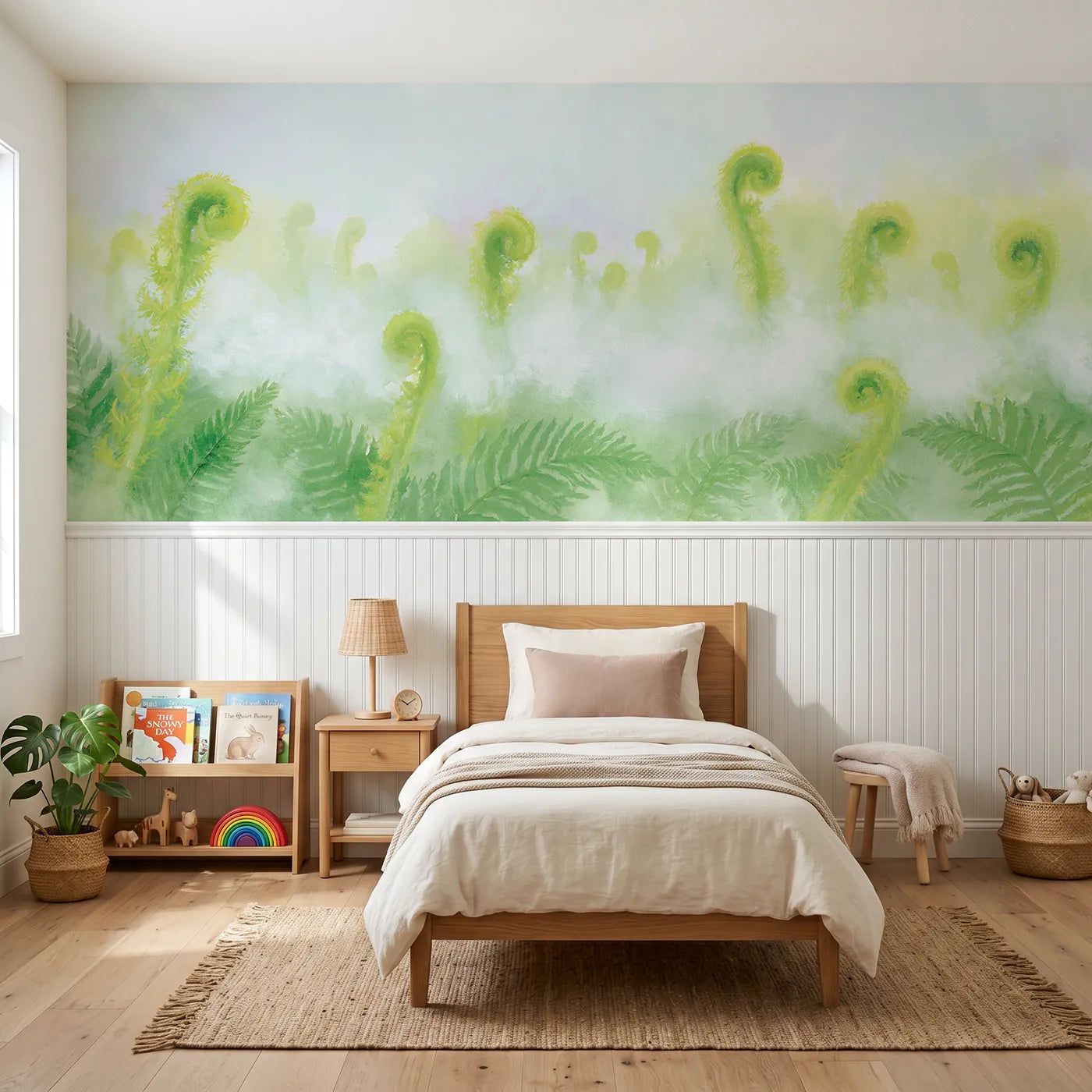 Soft pastel wainscoting wallpaper of fiddleheads in the mist by Whimsy Tots