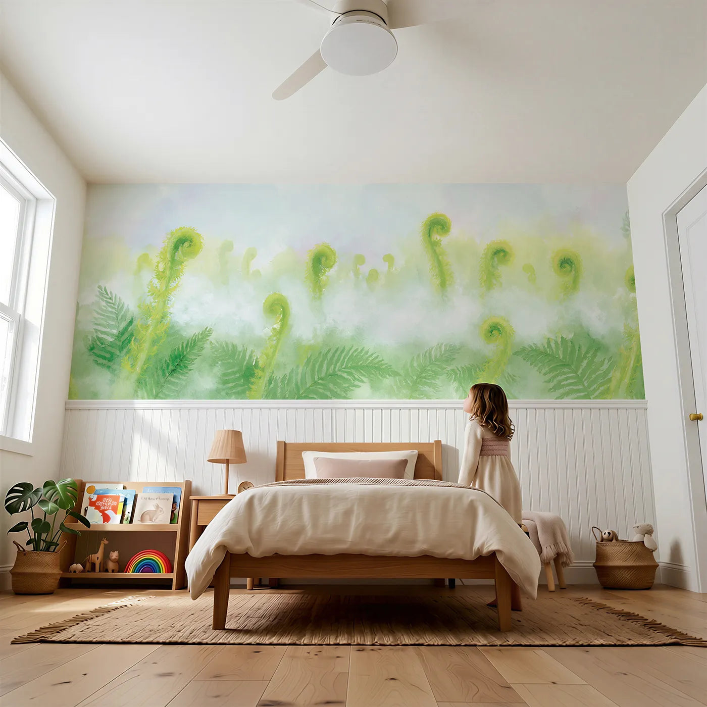Child reading near Fiddleheads In The Mist Wainscoting Wallpaper by Whimsy Tots
