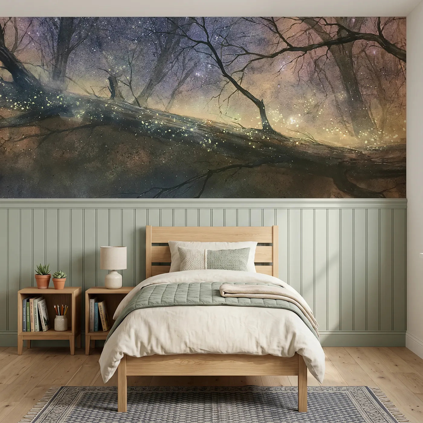 Watercolor wainscoting wallpaper of foxfire on the fallen log by Whimsy Tots