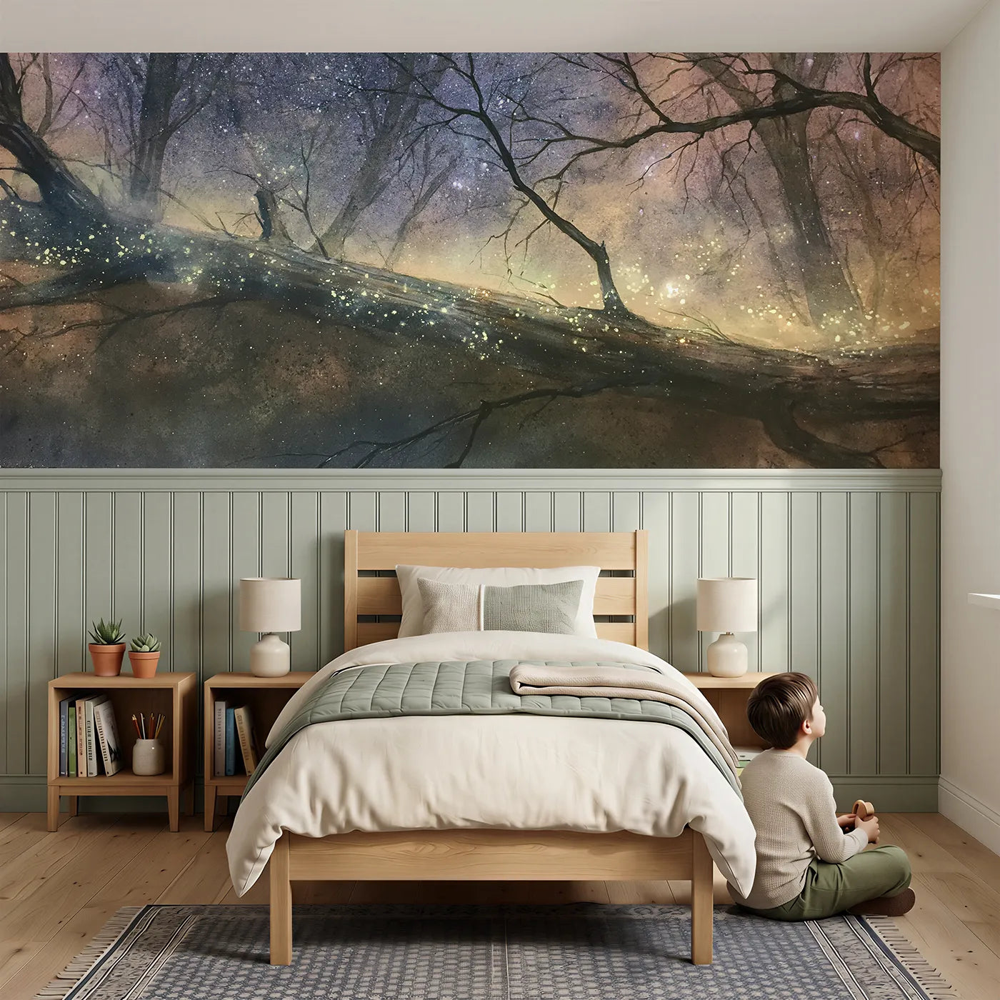 Child reading near Foxfire On The Fallen Log Wainscoting Wallpaper by Whimsy Tots