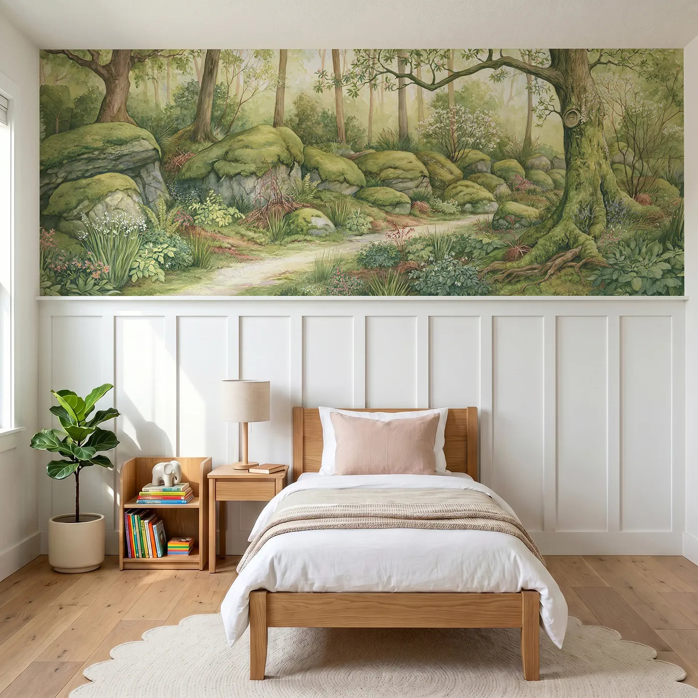 Storybook wainscoting wallpaper of the path through the boulders by Whimsy Tots