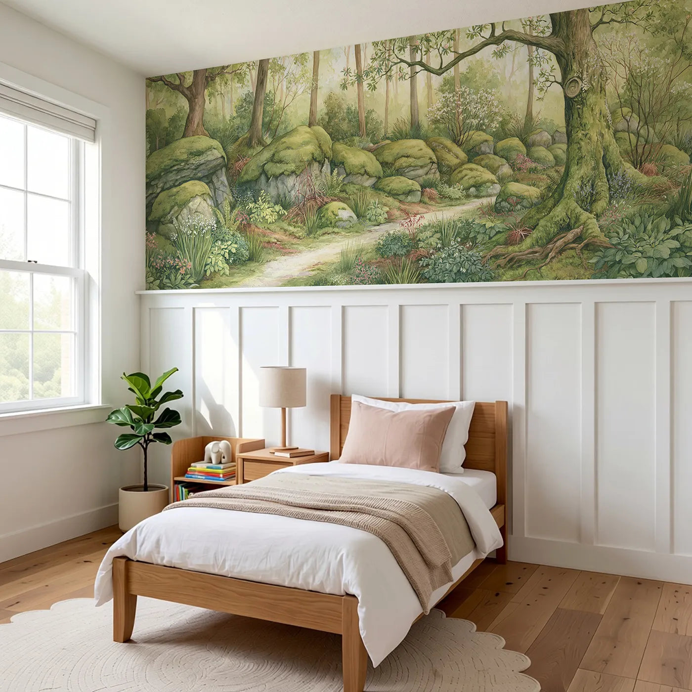 Path Through The Boulders Wainscoting Wallpaper styled in a kids room by Whimsy Tots