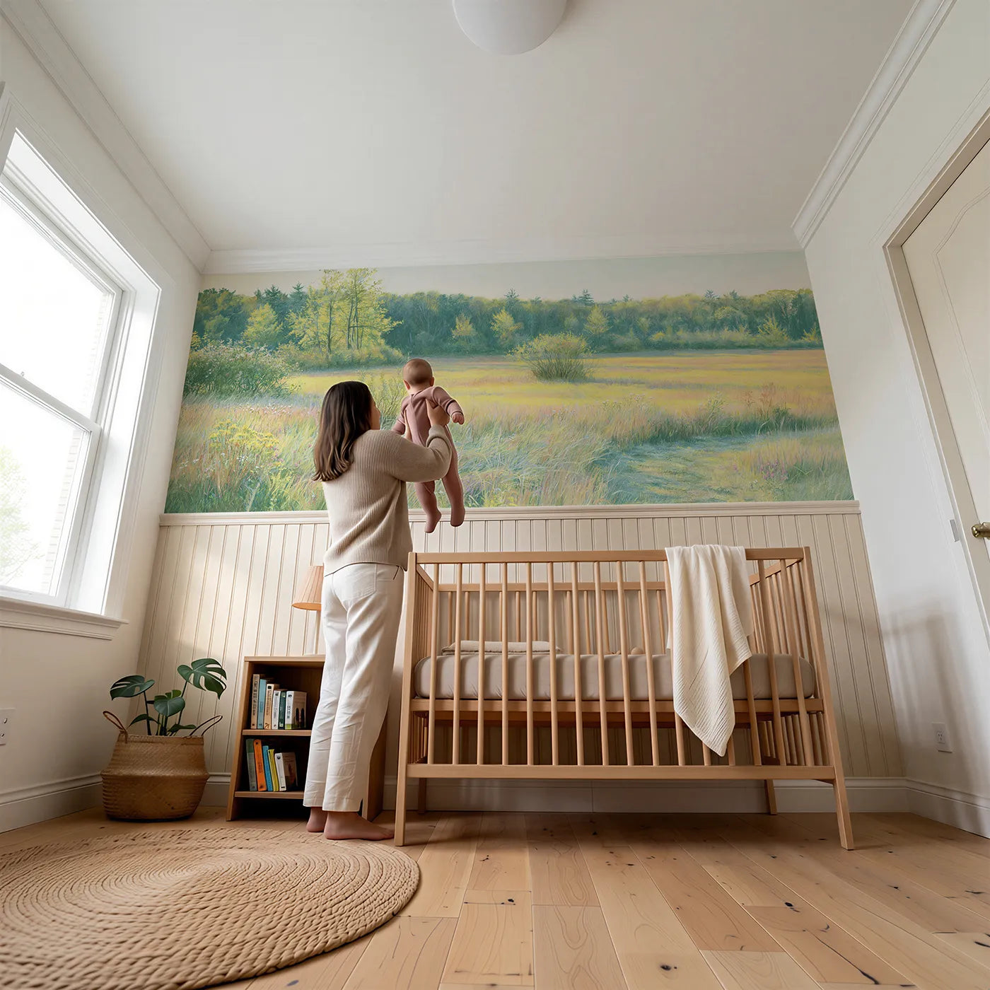 Child reading near Where The Meadow Begins Wainscoting Wallpaper by Whimsy Tots