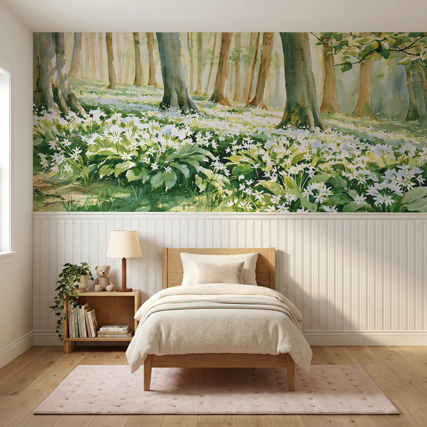 Watercolor wainscoting wallpaper of ramsons under the beeches by Whimsy Tots