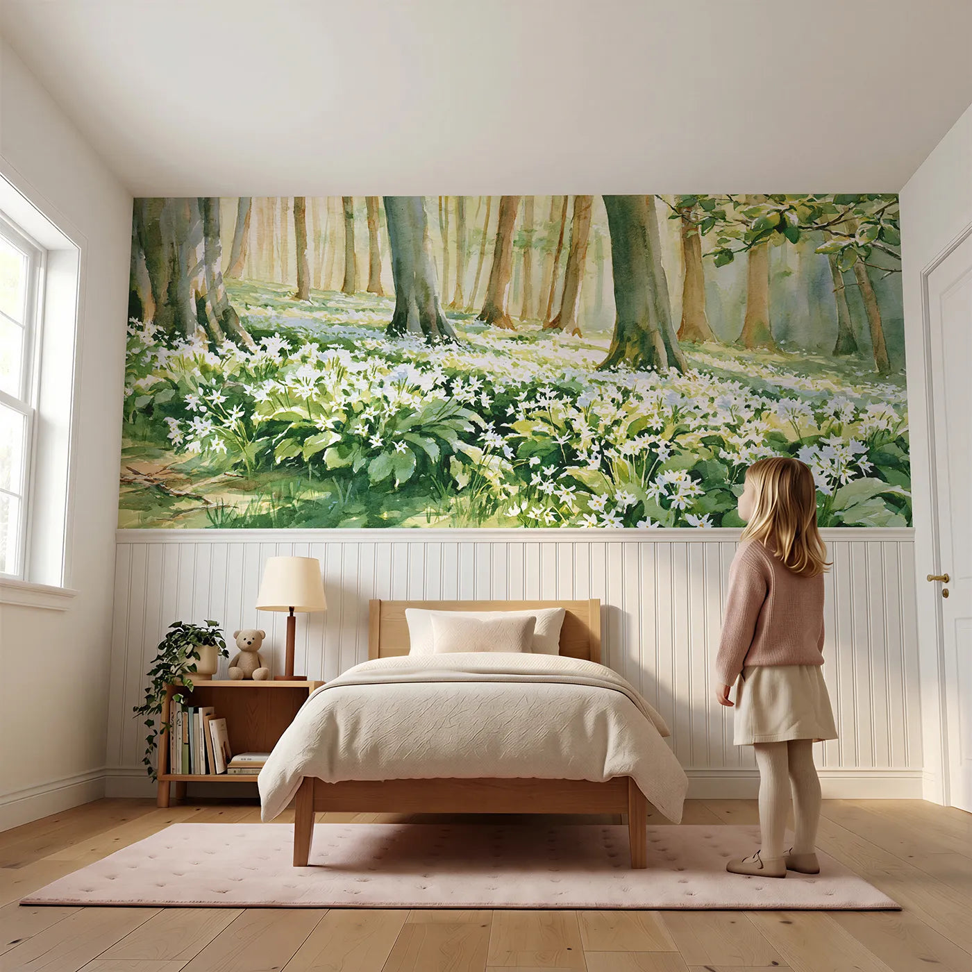 Child reading near Ramsons Under The Beeches Wainscoting Wallpaper by Whimsy Tots