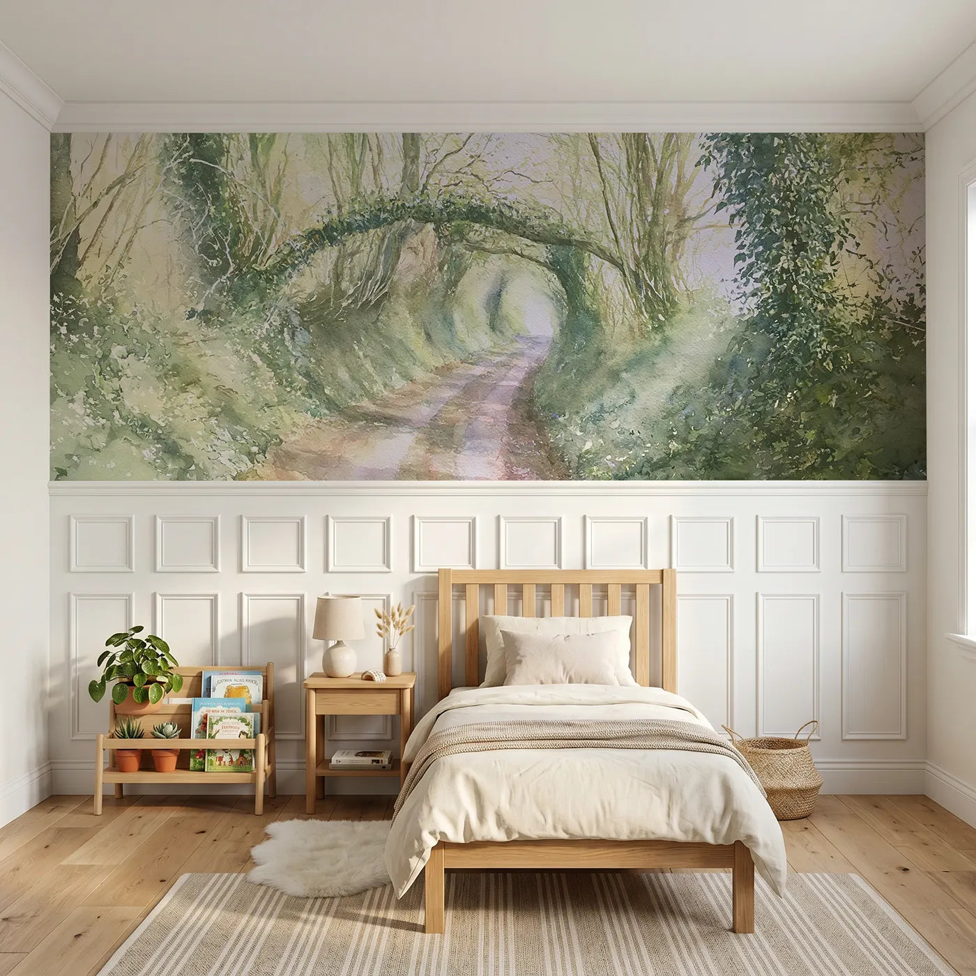 Watercolor wainscoting mural of the green holloway by Whimsy Tots