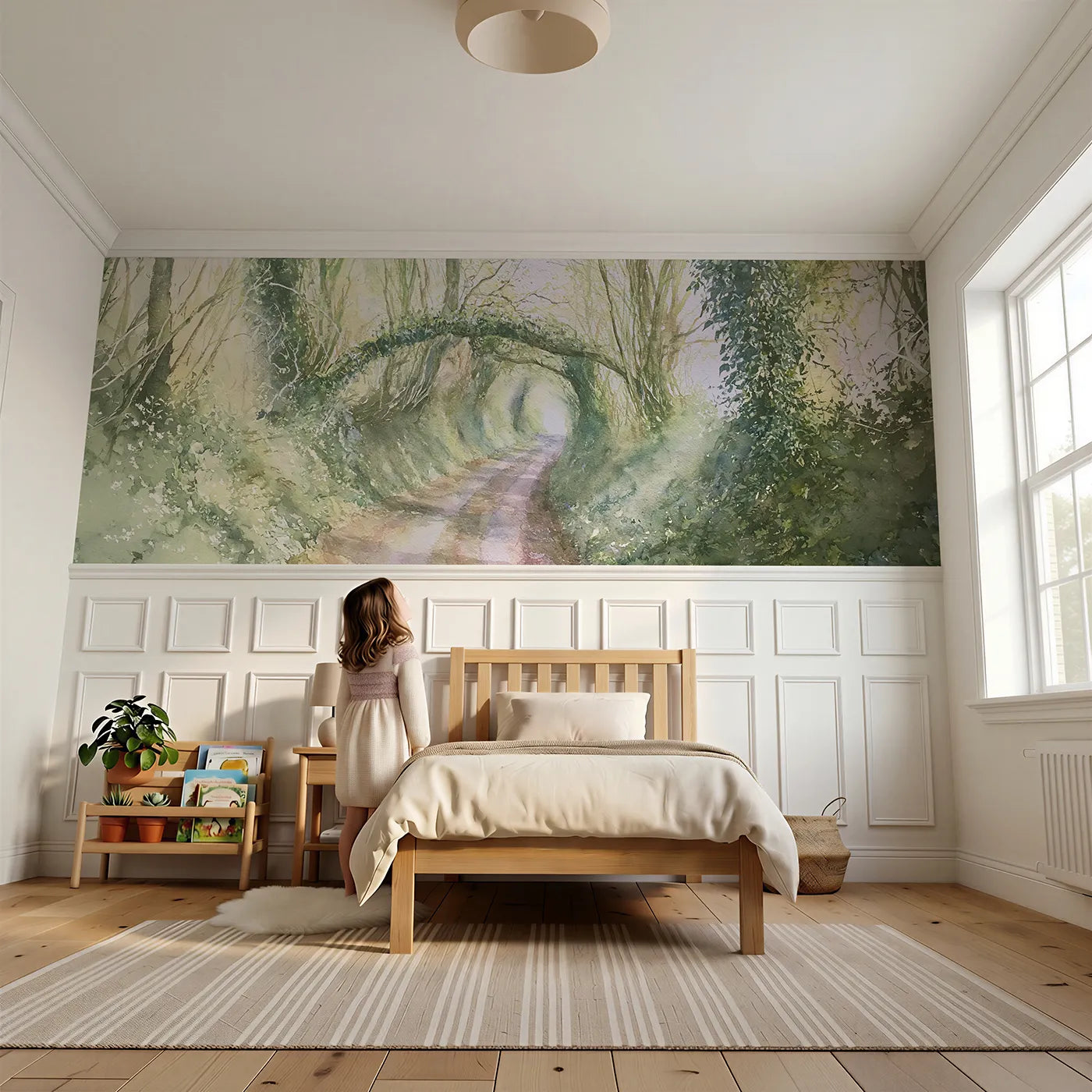 Child reading near The Green Holloway Wainscoting Wallpaper by Whimsy Tots
