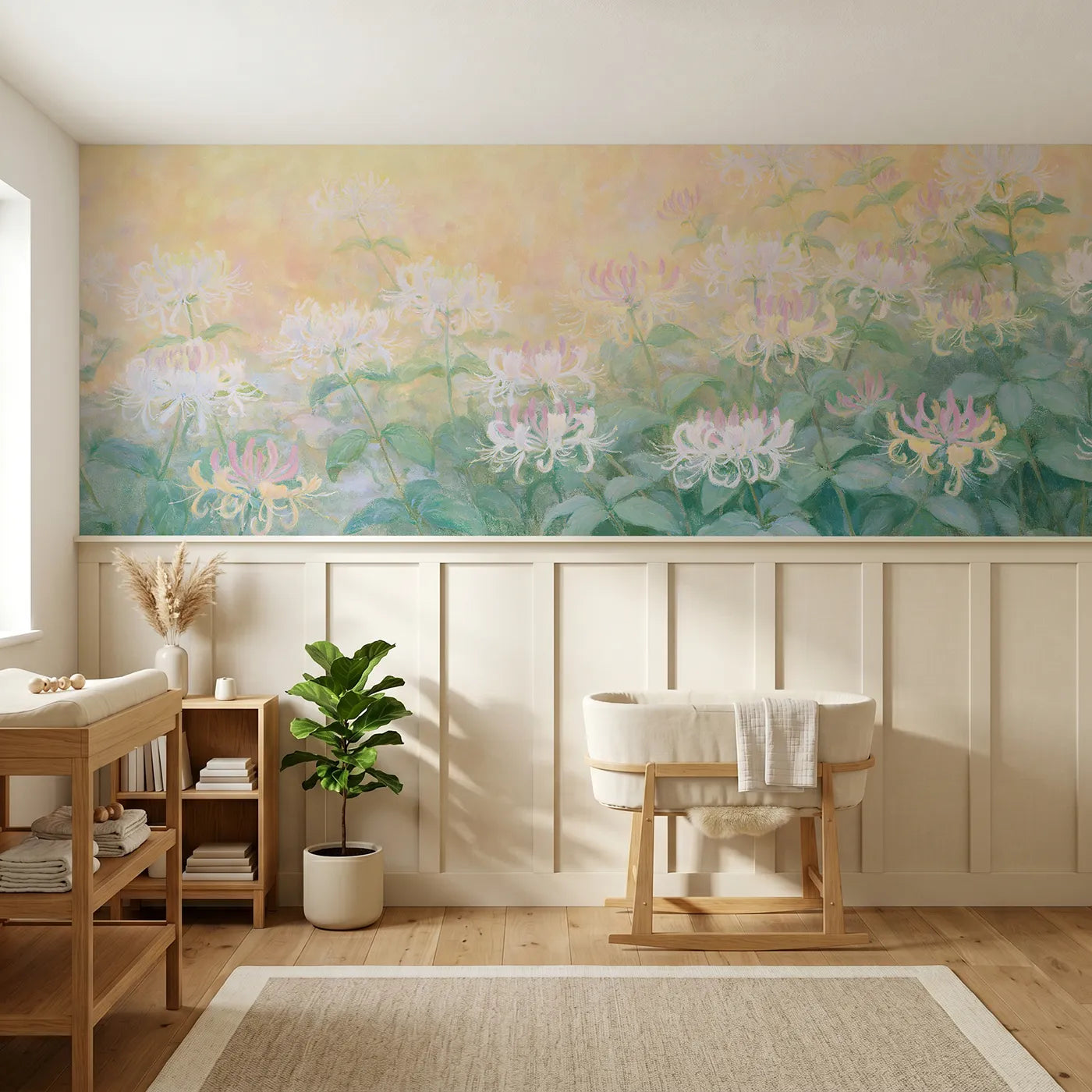 Soft pastel wainscoting wallpaper of honeysuckle at dusk by Whimsy Tots