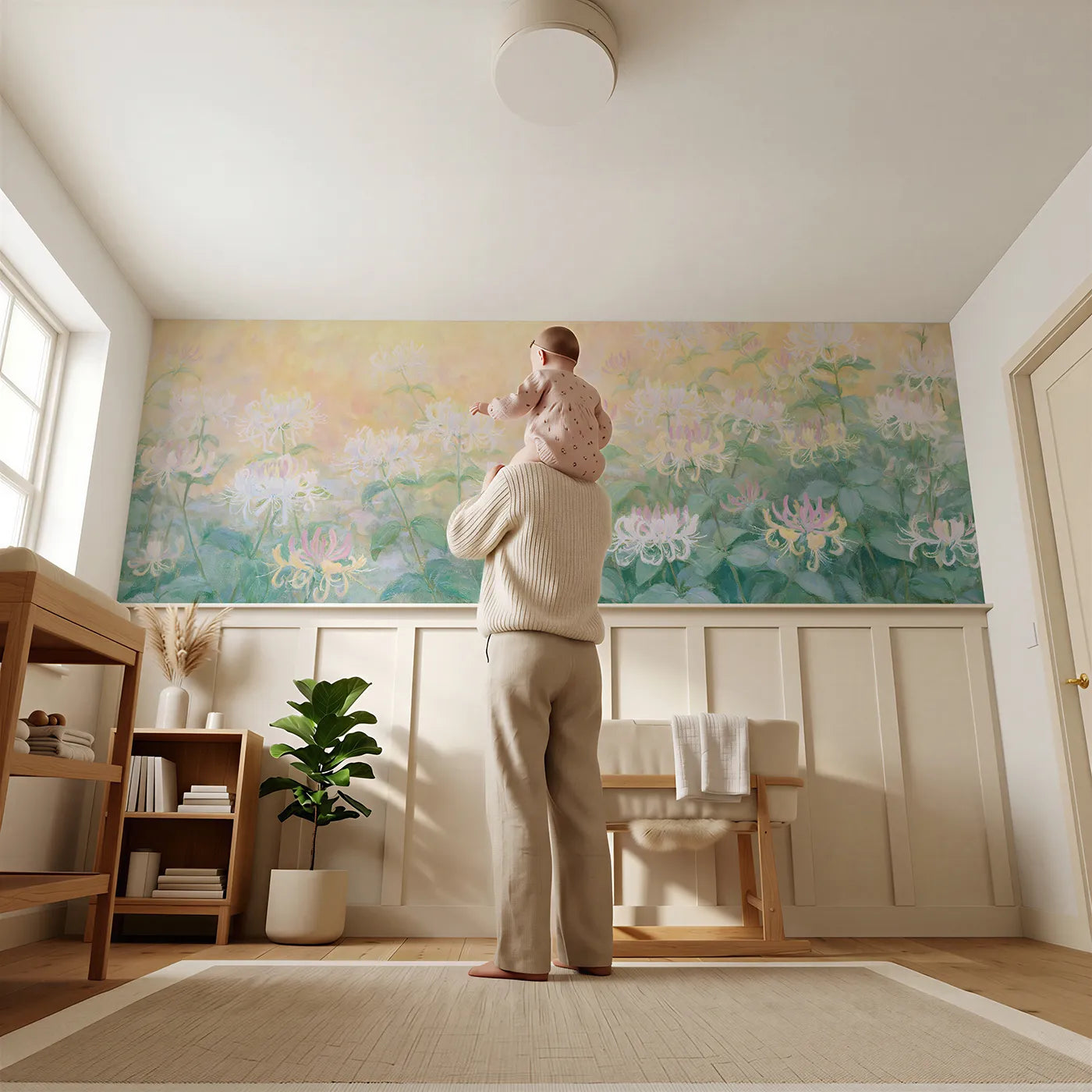 Child reading near Honeysuckle At Dusk Wainscoting Wallpaper by Whimsy Tots