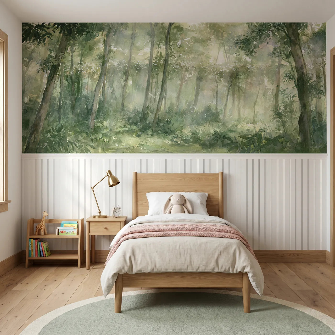 Watercolor wainscoting wallpaper of the dripping bright glade by Whimsy Tots