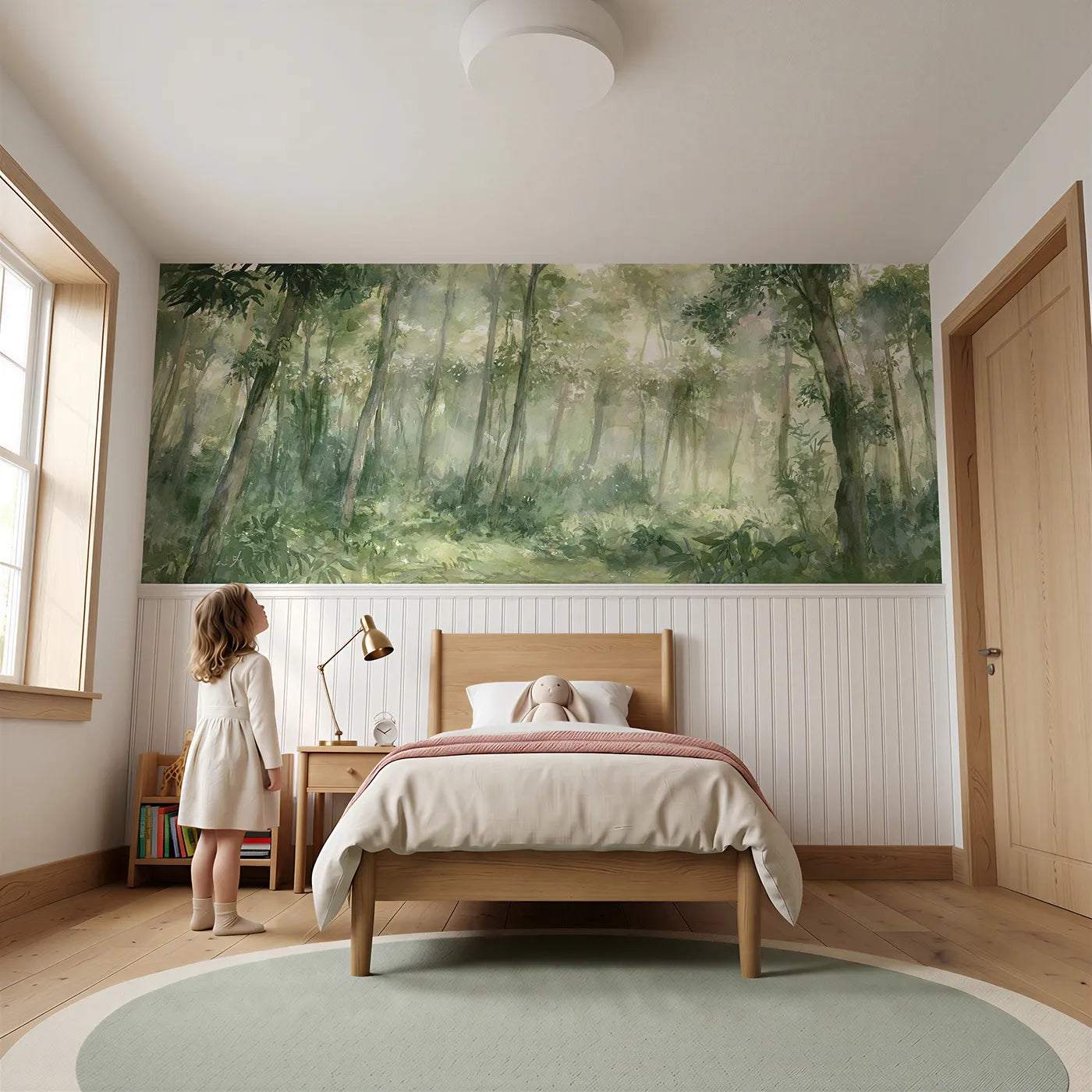 Child reading near The Dripping Bright Glade Wainscoting Wallpaper by Whimsy Tots